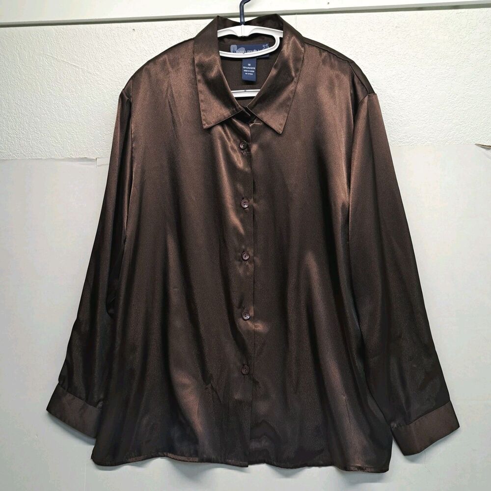 Susan Graver Satin Brown Button Blouse Women's 1X
